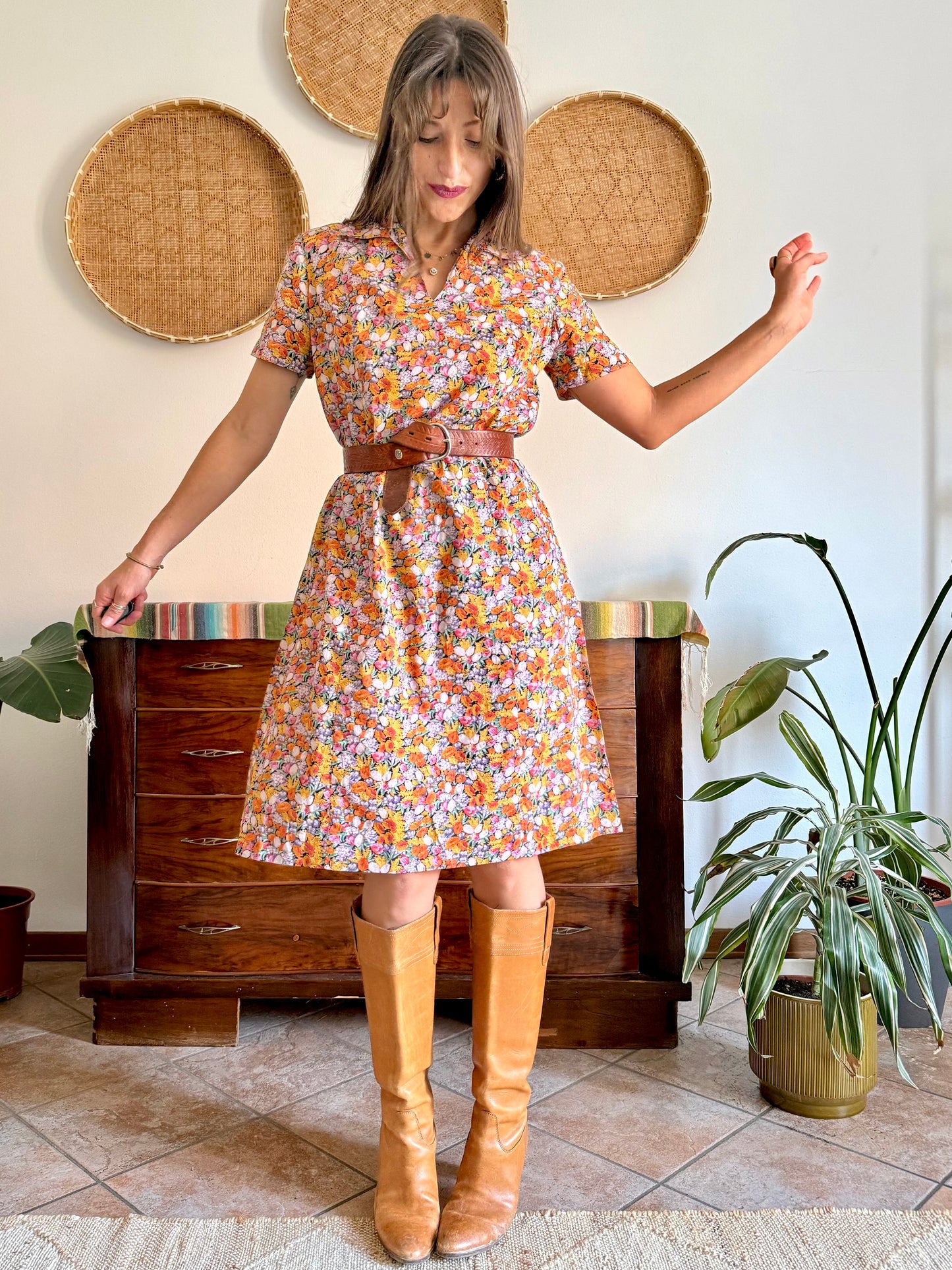 1960’s vintage multicolor pastel micro floral print midi dress