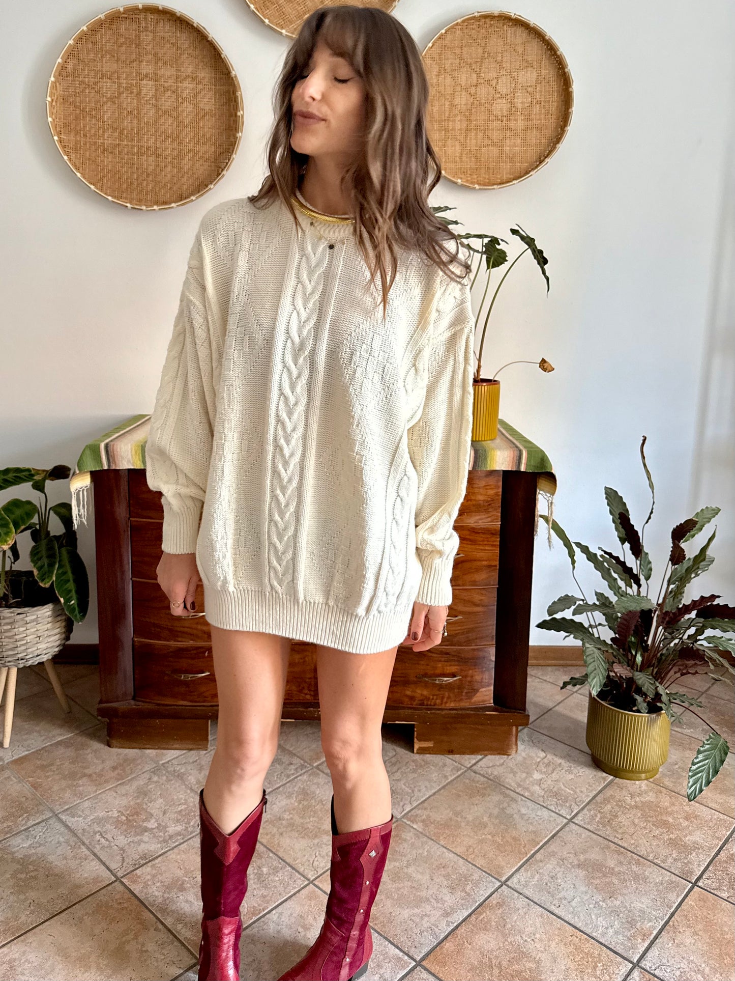 1970's vintage oversize cream wool blend cable knit Fisherman's pullover