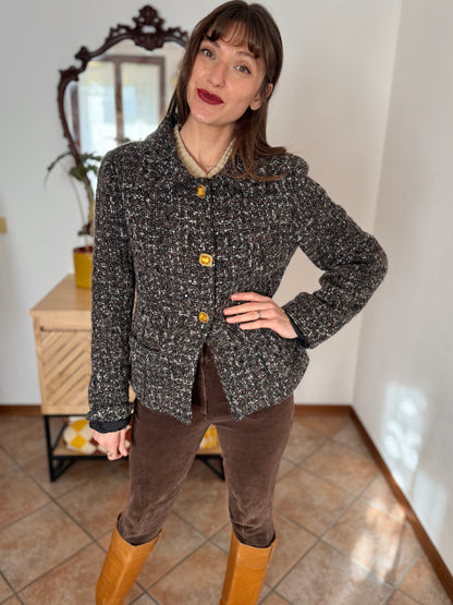 1990’s vintage black, khaki and cream boucle wool with gold and yellow glass buttons