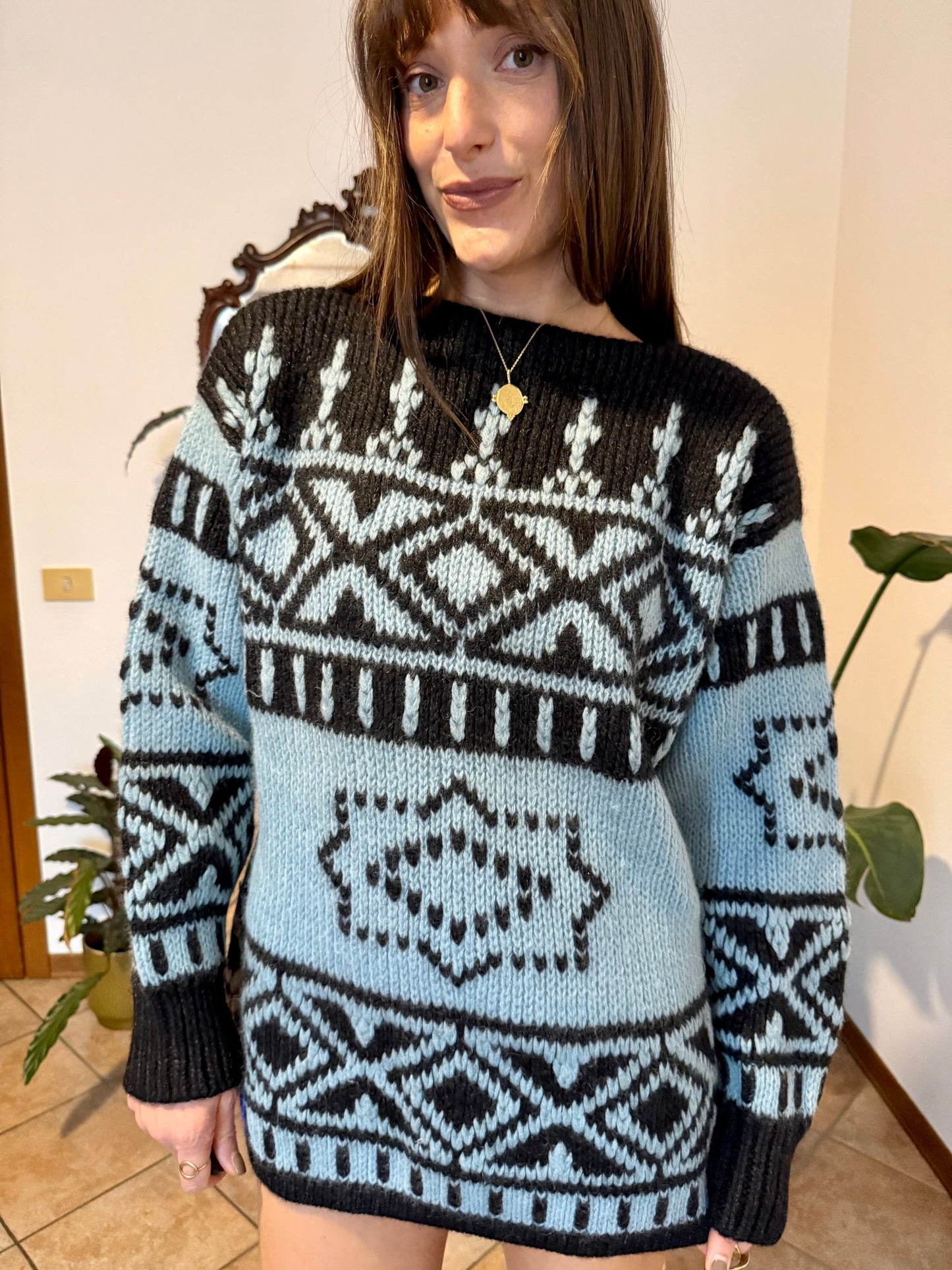 1970's vintage hand knit charcoal grey and light blue geometric pullover