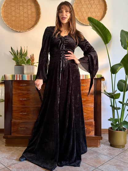 1990’s vintage black lace up bodice gothic velvet maxi dress with bell sleeves