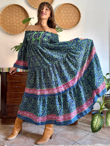 1970’s vintage green, blue and pink silk floral prairie maxi dress with bell sleeves