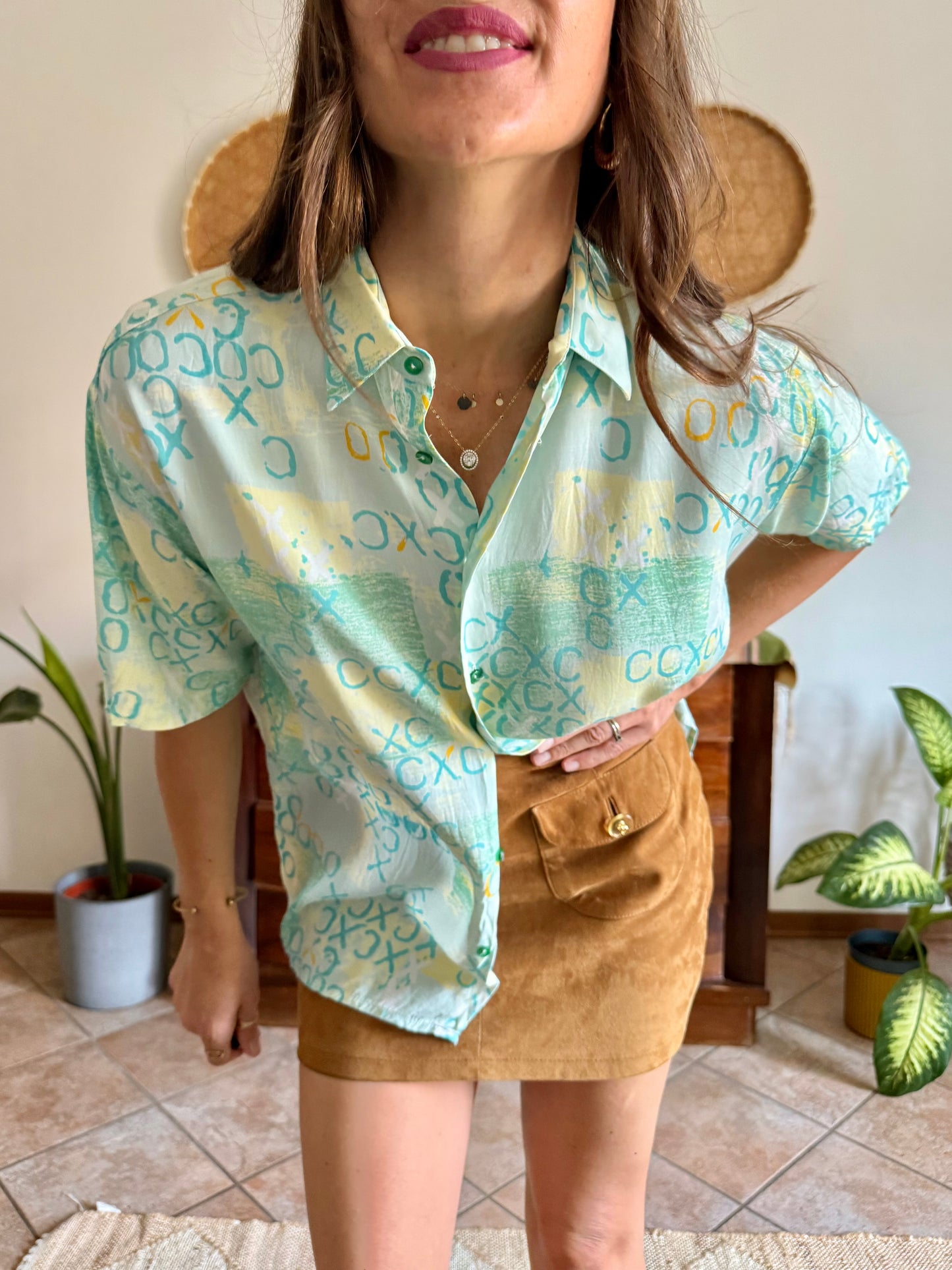 1990’s vintage yellow, teal and turquoise geometric print top