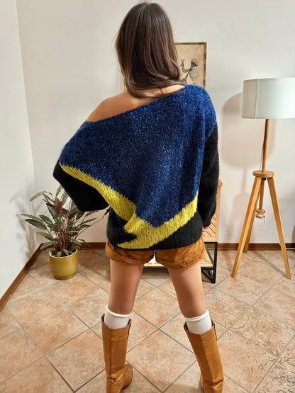 1980’s vintage blue, black and citron textured metallic pullover