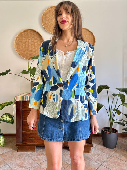 1990’s vintage blue, green and orange abstract print linen jacket