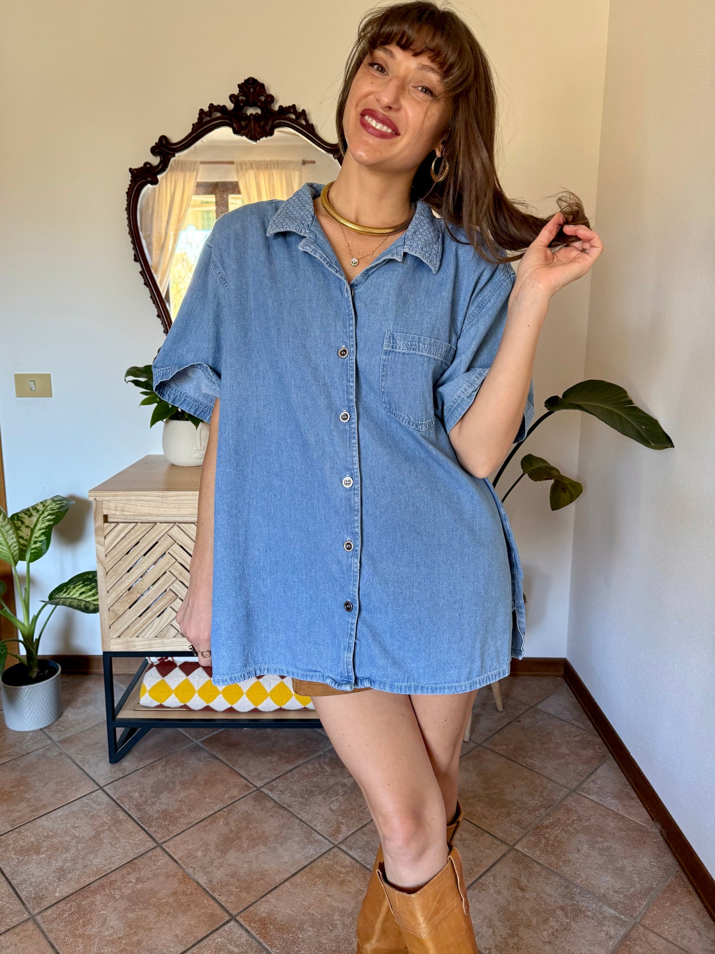 1990’s vintage light was denim shirt with geometric woven collar detailing