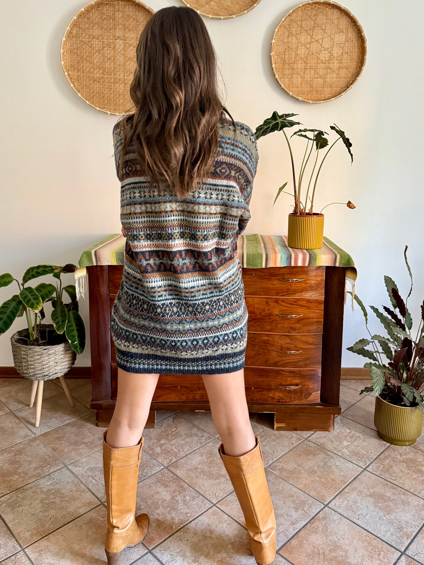 1990's vintage wool chocolate brown, navy and light blue geometric stripe knit sweater dress