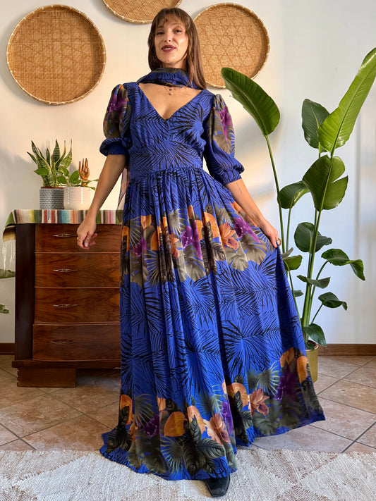 1960’s vintage blue floral silk evening gown with matching scarf and belt