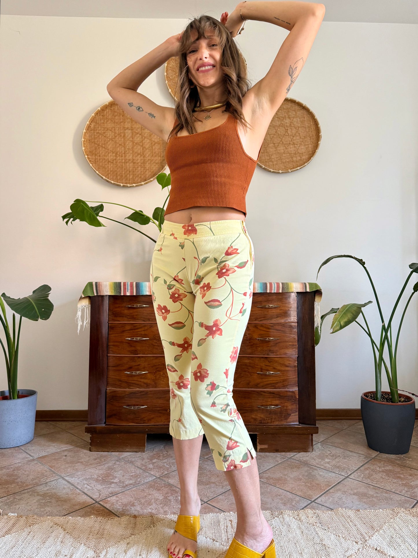1990's vintage yellow and orange floral capri pants