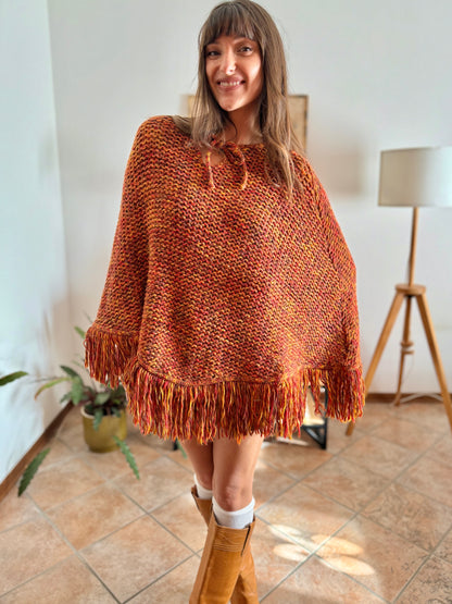 1970's vintage yellow and burgundy knit poncho with fringe details
