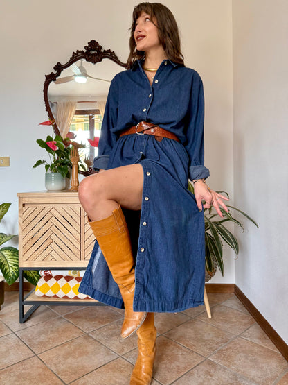 1970's vintage dark blue denim maxi dress