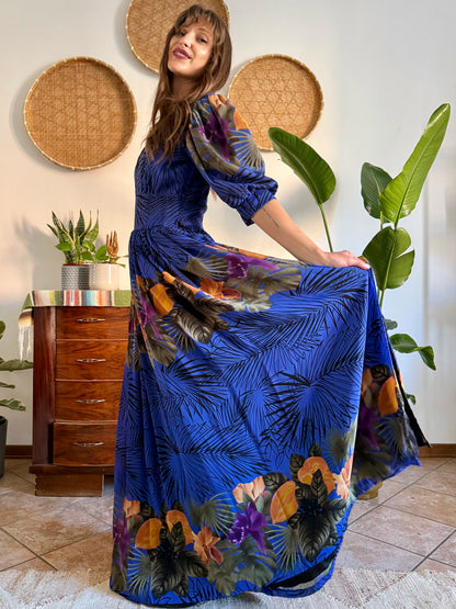 1960’s vintage blue floral silk evening gown with matching scarf and belt