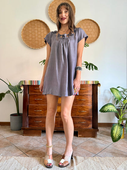 1990’s grey silk baby doll mini dress with appliqué floral detail along neckline