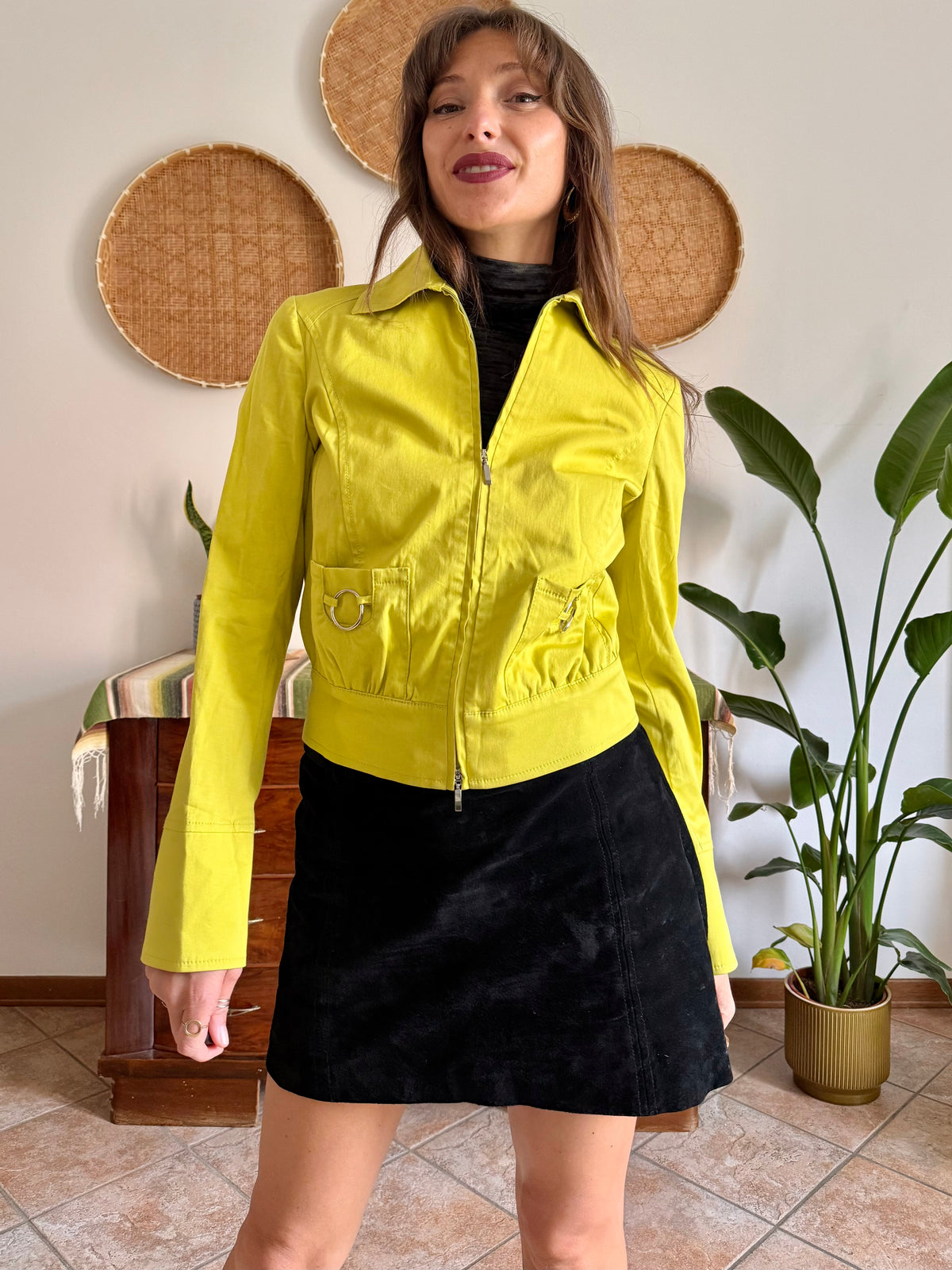 Y2K vintage chartreuse jacket with silver metal details