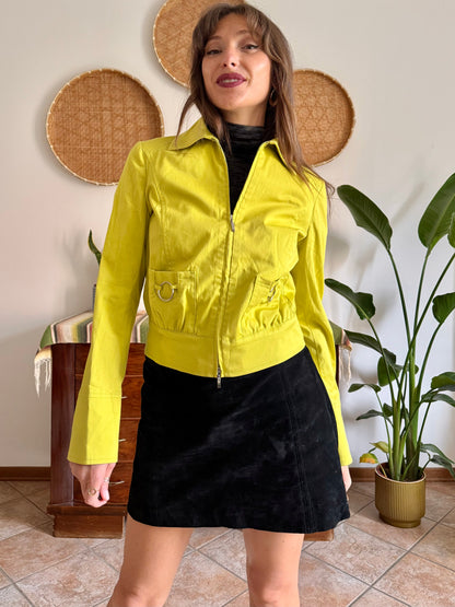 Y2K vintage chartreuse jacket with silver metal details