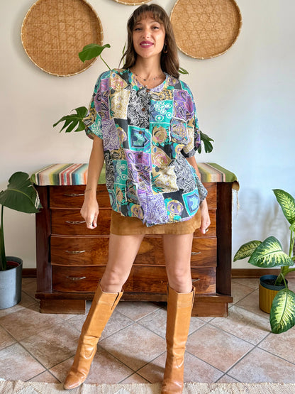 1990’s vintage lilac, turquoise and tan patchwork floral print blouse