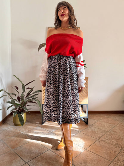 1970’s vintage navy blue and white silk blend midi skirt with hat print