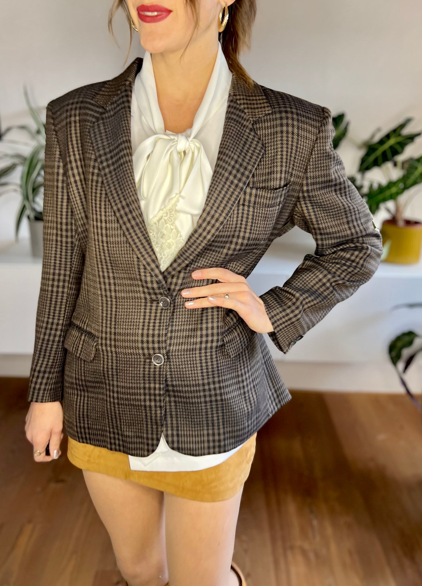 1970's vintage chocolate brown and blue cashmere blend plaid blazer