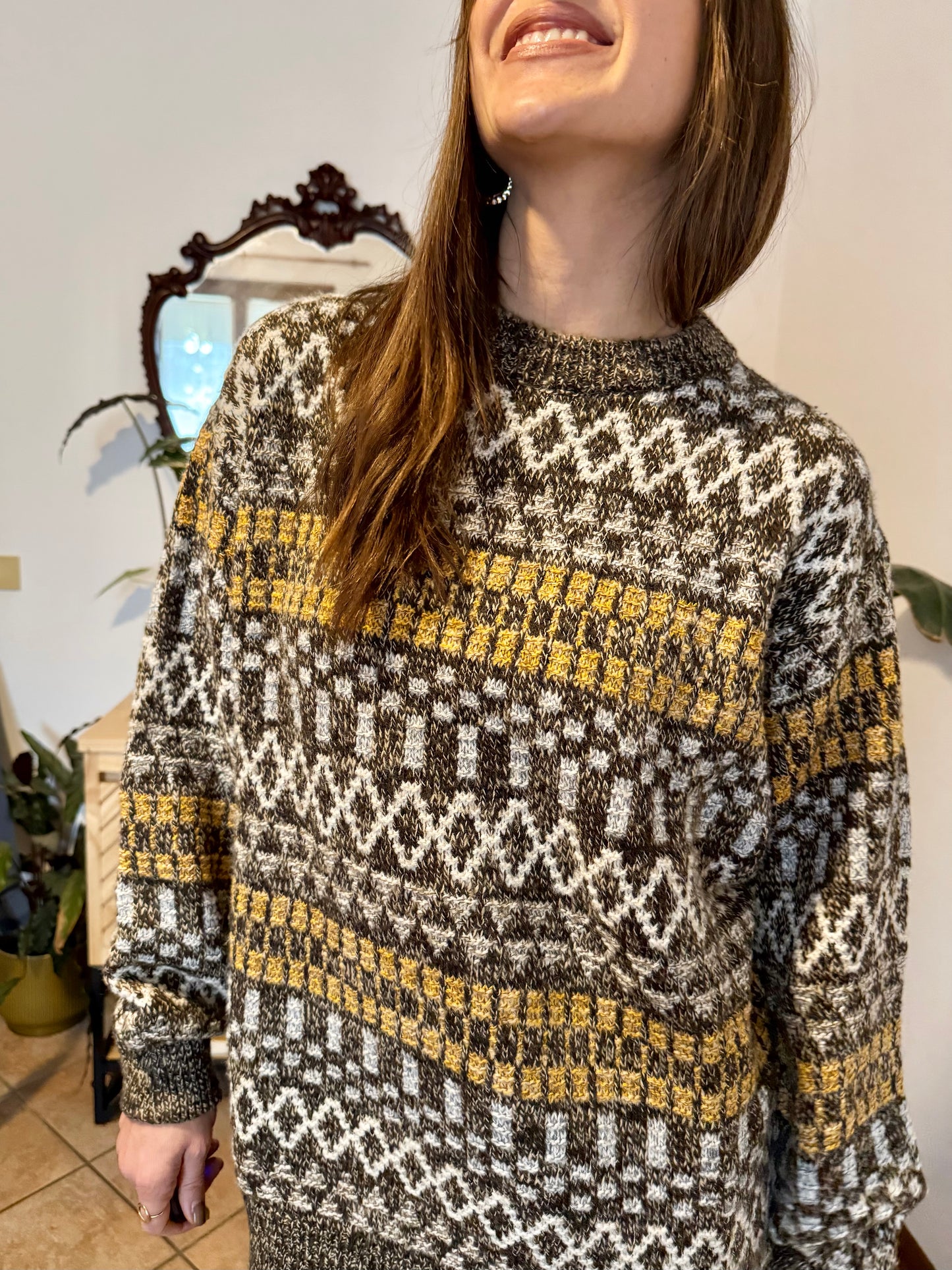 1970's vintage chocolate brown and mustard yellow geometric knit wool pullover
