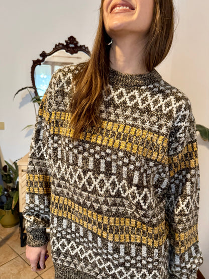 1970's vintage chocolate brown and mustard yellow geometric knit wool pullover