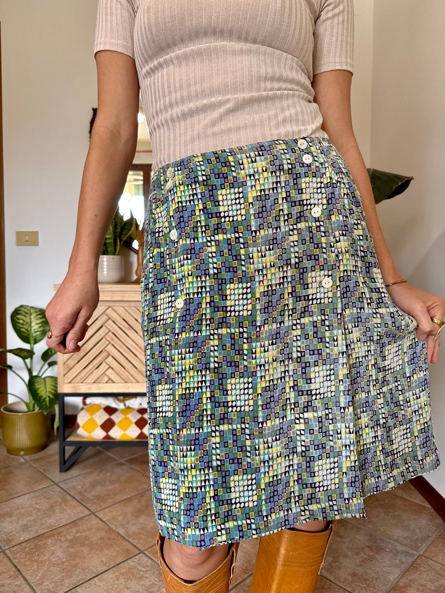 1970’s vintage turquoise, lilac and green geometric print silk midi skirt