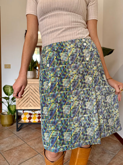 1970’s vintage turquoise, lilac and green geometric print silk midi skirt