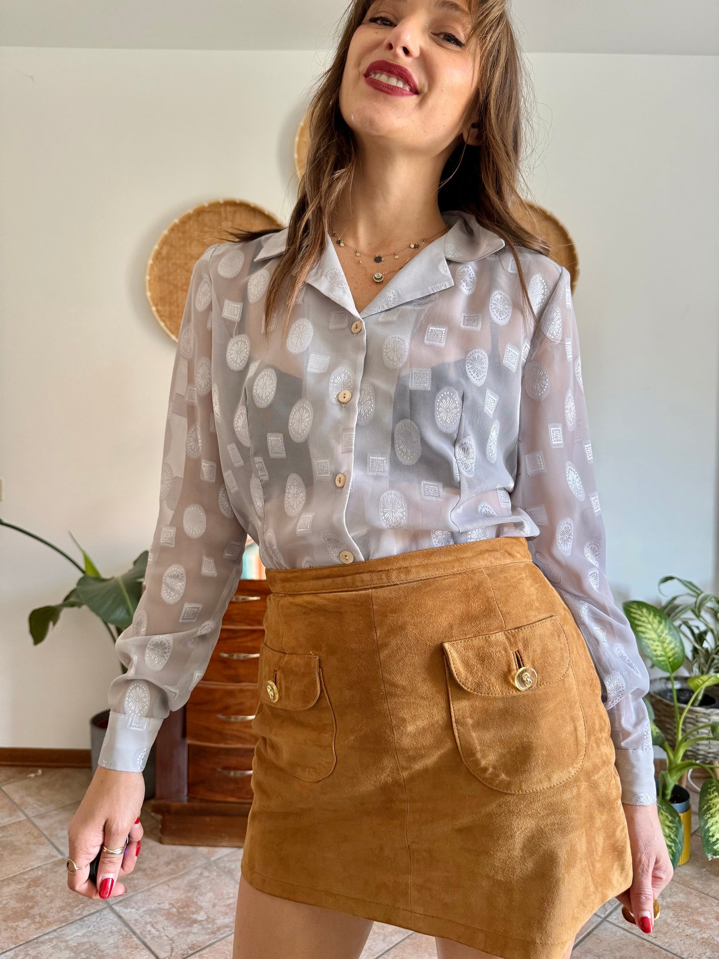 1970’s silver sheer textured weave floral blouse