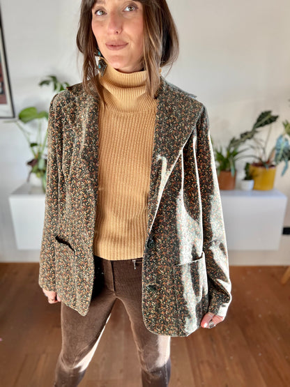 1970's vintage khaki velvet blazer with pink and cream floral print