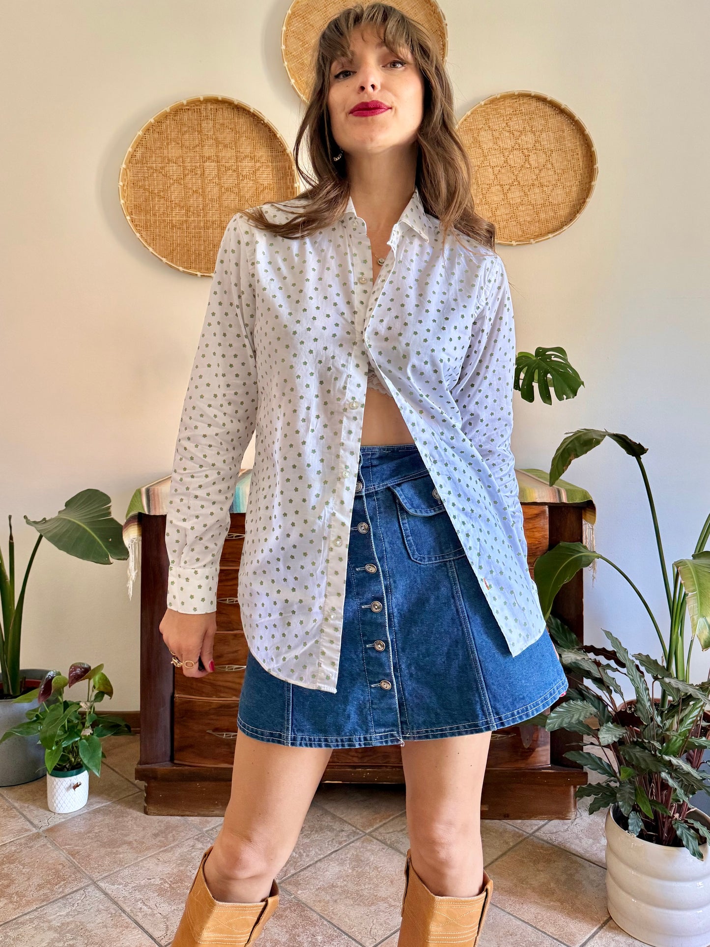 1990’s vintage white woven cotton shirt with green and beige floral design