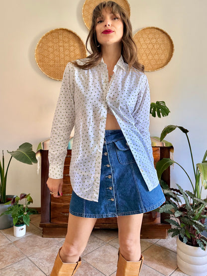 1990’s vintage white woven cotton shirt with green and beige floral design