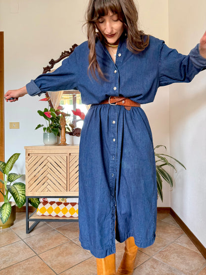 1970's vintage dark blue denim maxi dress