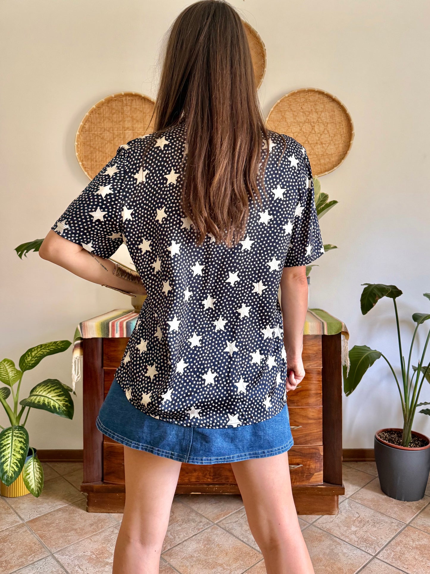 1970’s vintage navy blue silk blouse with star print and rhinestone star buttons