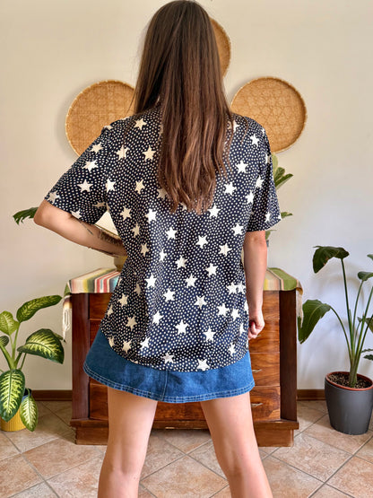 1970’s vintage navy blue silk blouse with star print and rhinestone star buttons