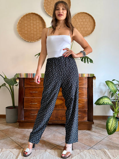1970’s vintage black wide leg trousers with micro white floral embroidery