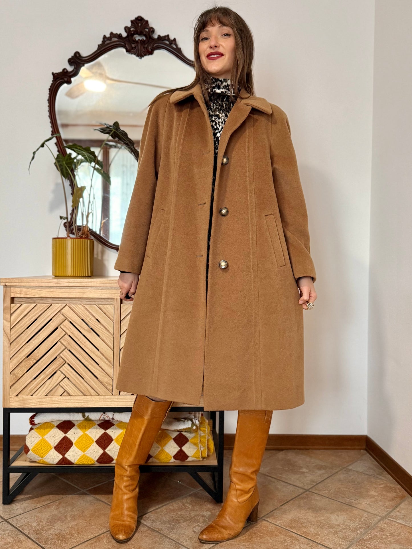 1970’s vintage tan wool overcoat with oversize button details