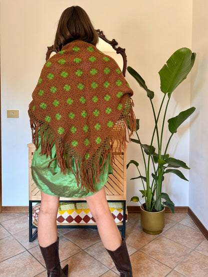 1970’s vintage chocolate brown and green knit shawl with fringe trim