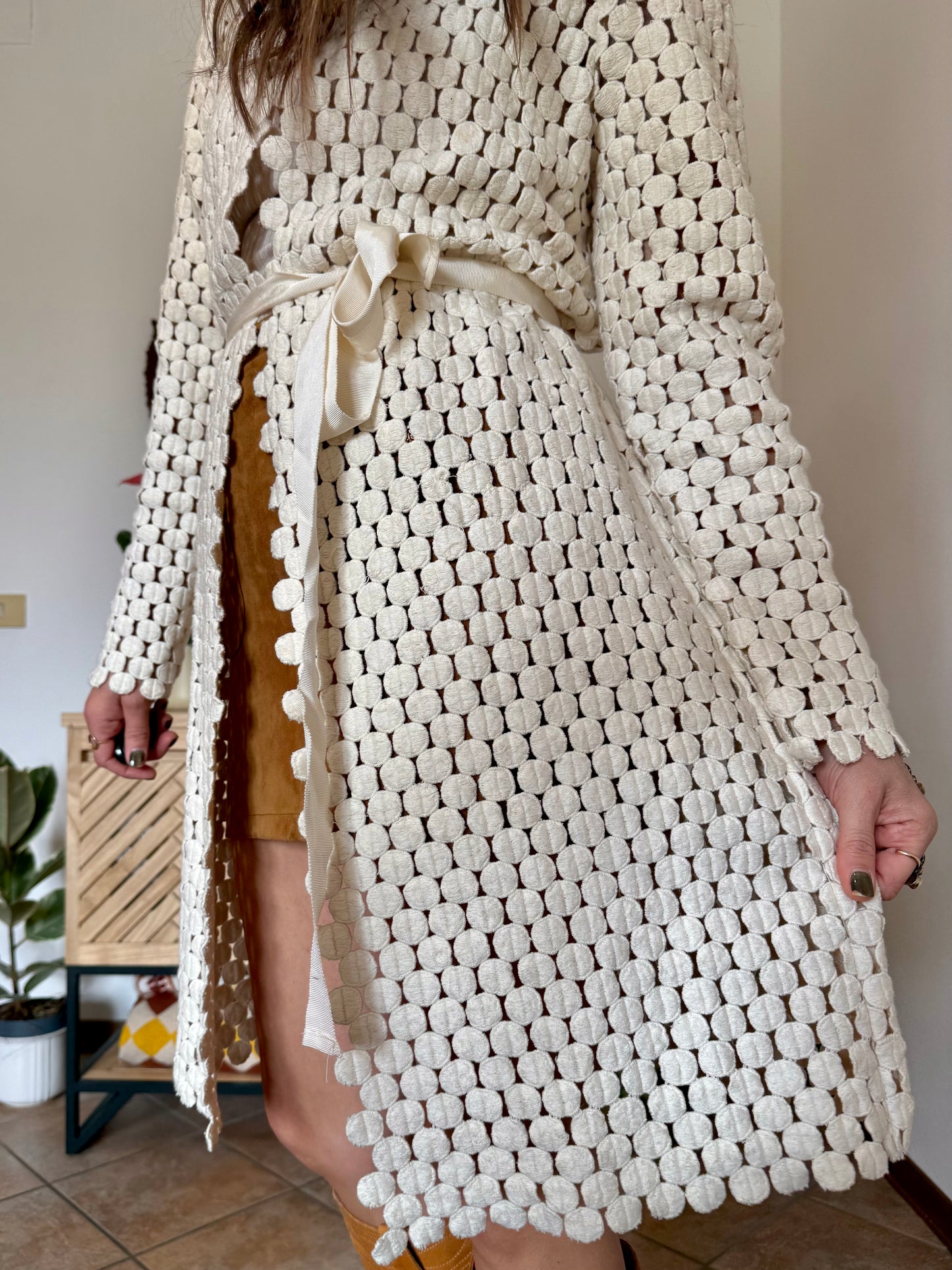1970’s vintage cream crochet polka dot coat