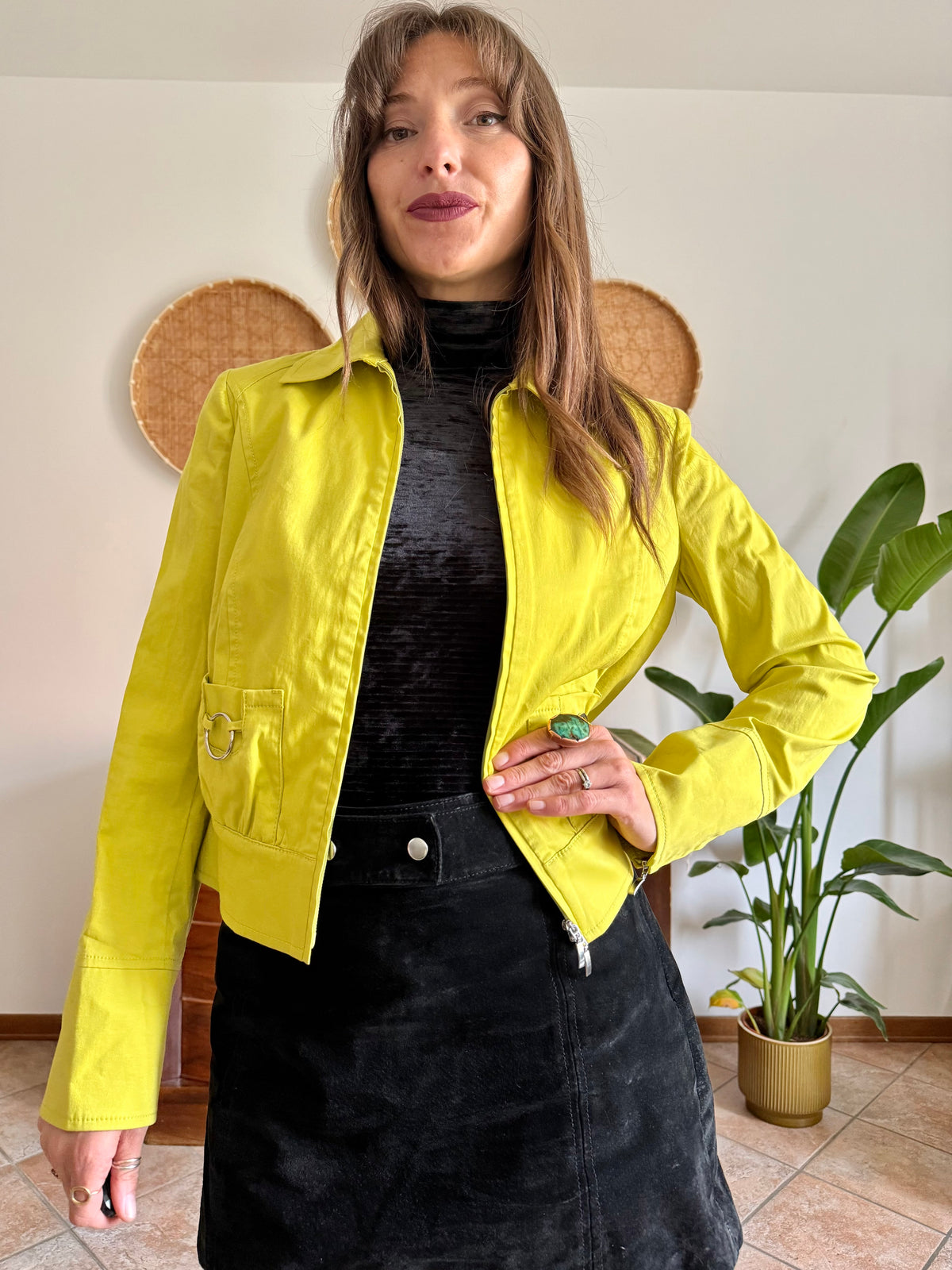 Y2K vintage chartreuse jacket with silver metal details