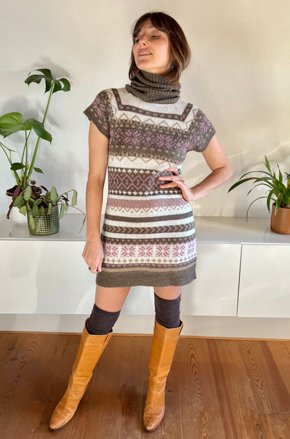 1990's vintage pink and brown geometric knit turtleneck mini dress