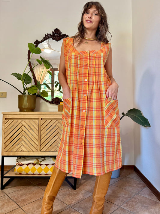 1990’s vintage orange and yellow plaid button down midi dress