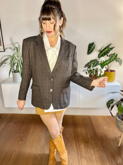 1970's vintage chocolate brown and blue cashmere blend plaid blazer