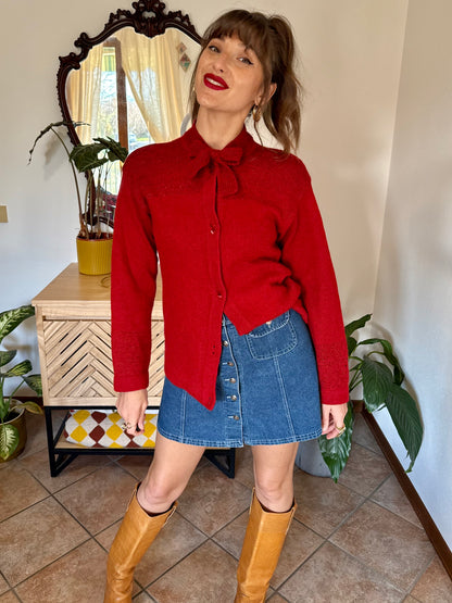 1960’s vintage cherry red hand knit wool cardigan with bow detail