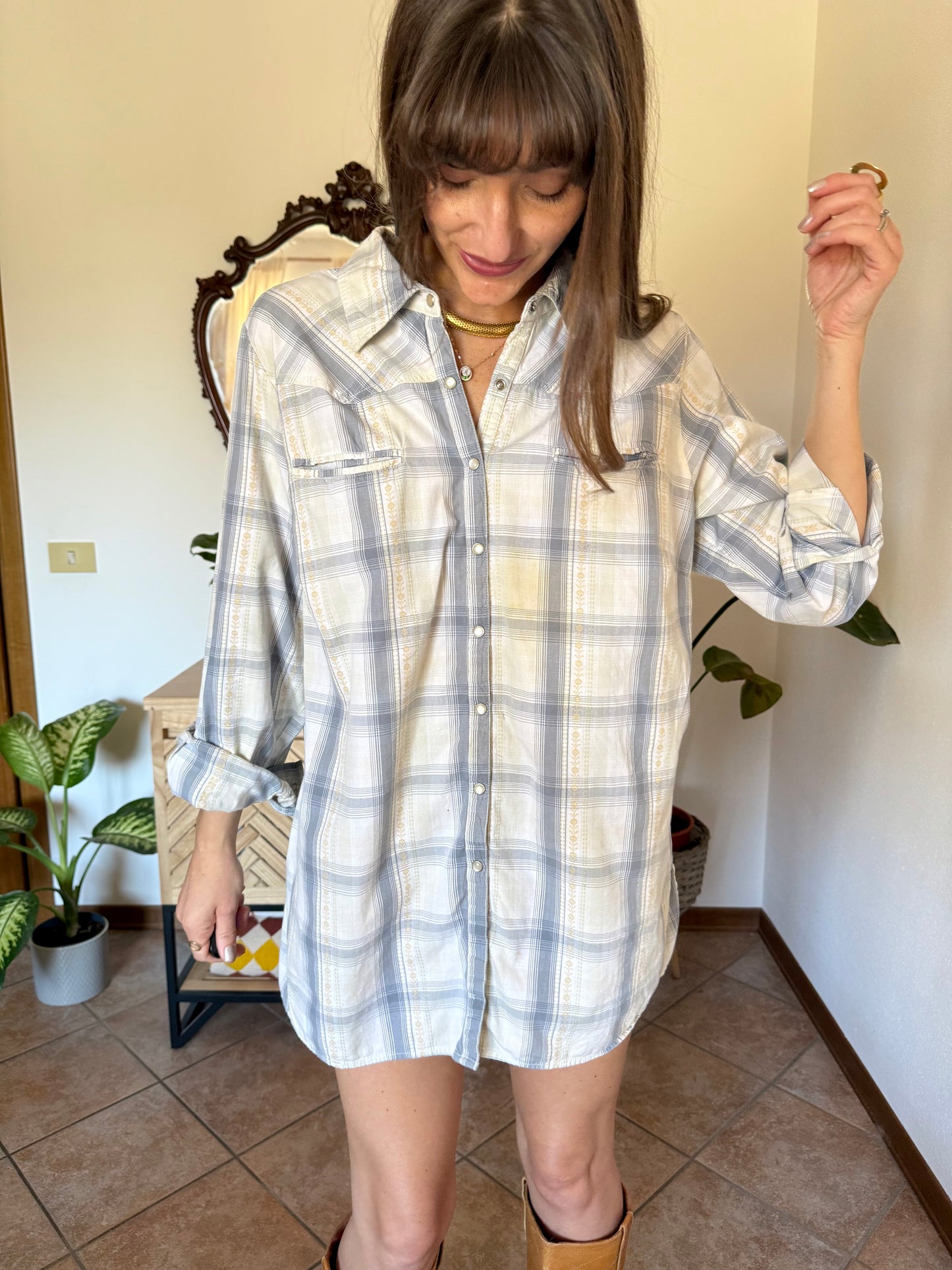 1990's vintage light blue, cream and beige western pearl snap shirt