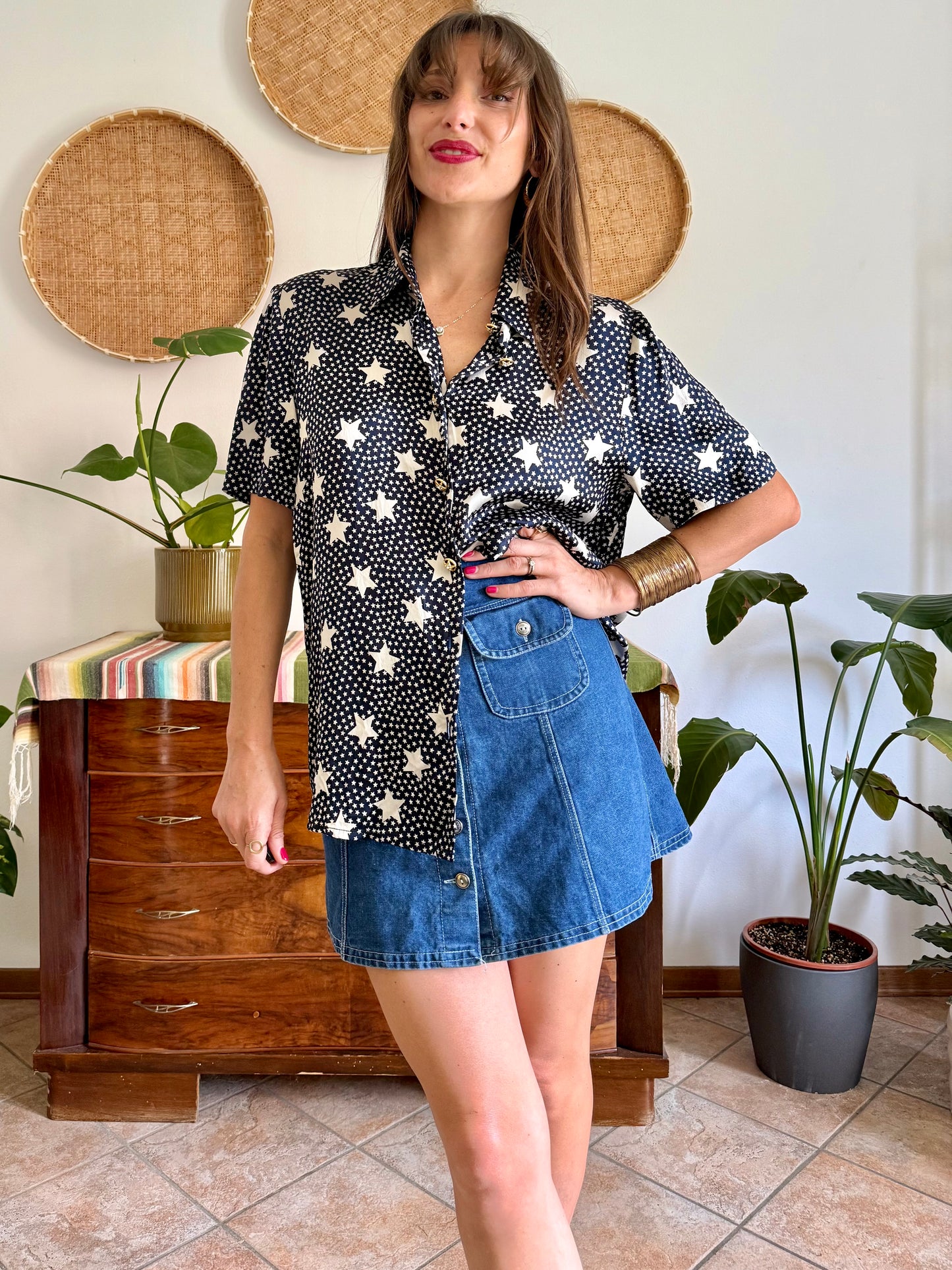 1970’s vintage navy blue silk blouse with star print and rhinestone star buttons