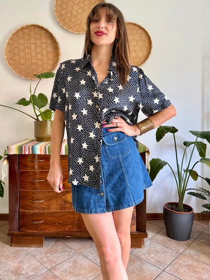 1970’s vintage navy blue silk blouse with star print and rhinestone star buttons