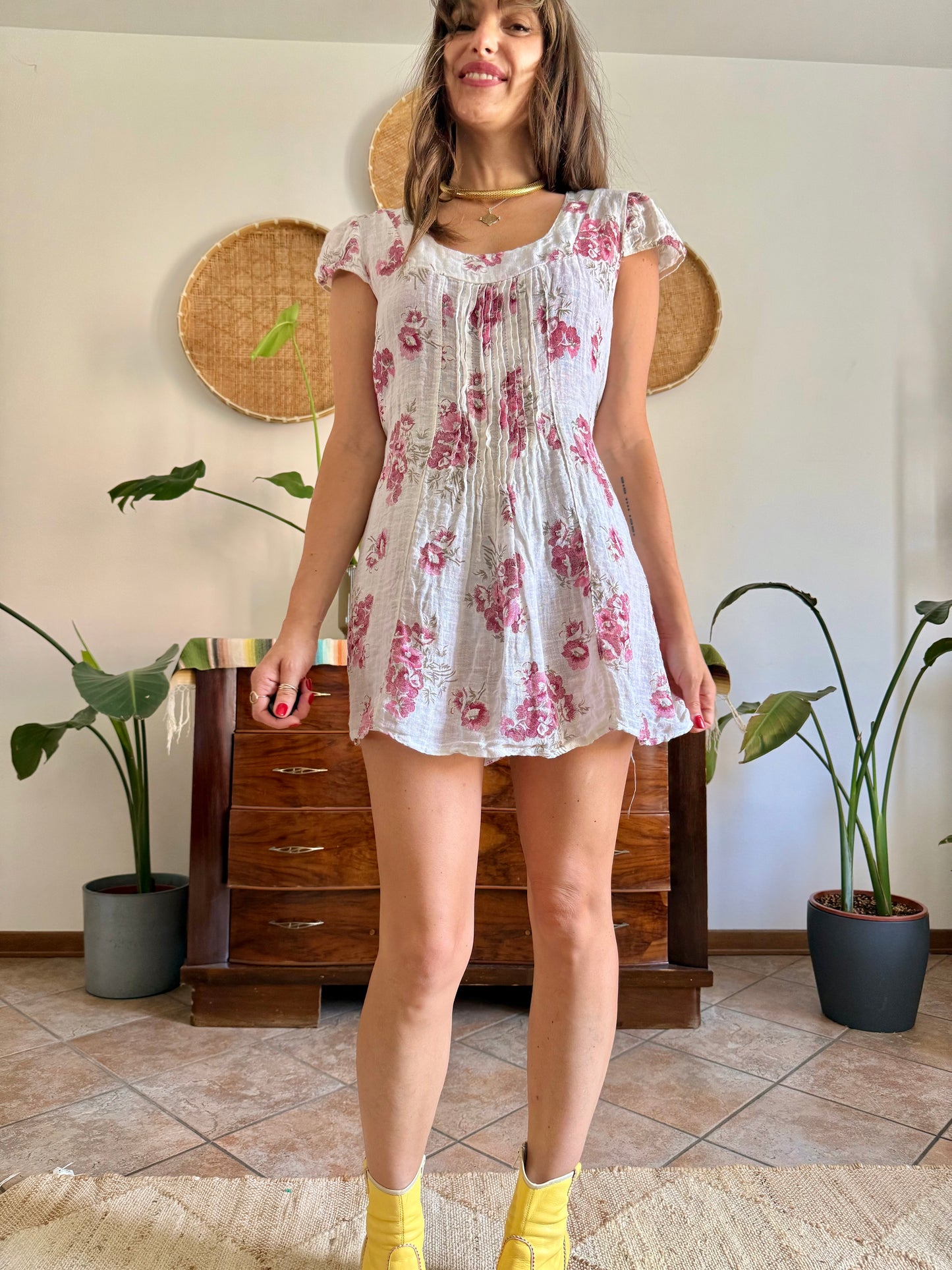 1990’s vintage white linen mini dress with floral print