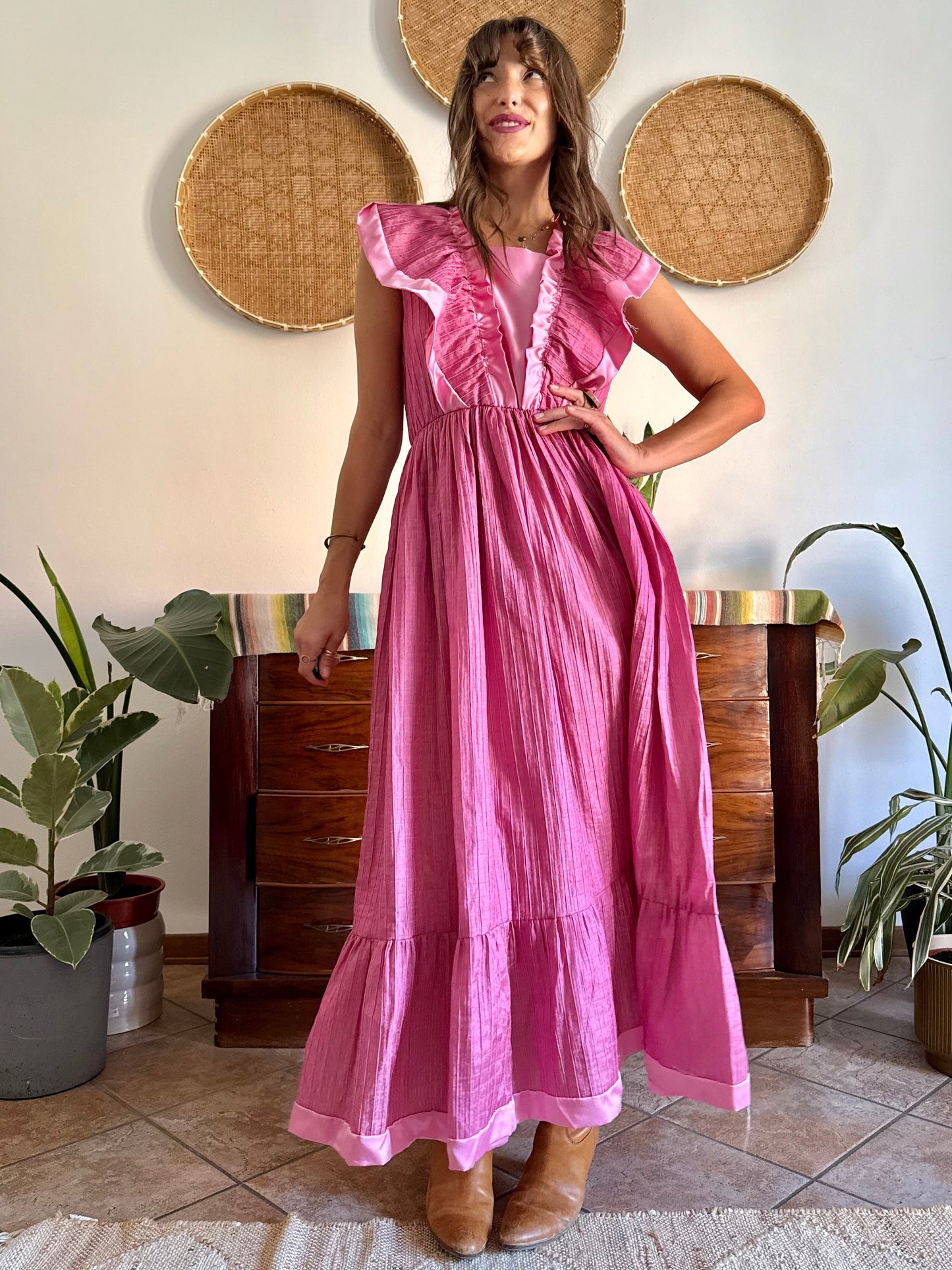1970’s vintage metallic textured pink maxi prairie dress with satin ruffle details