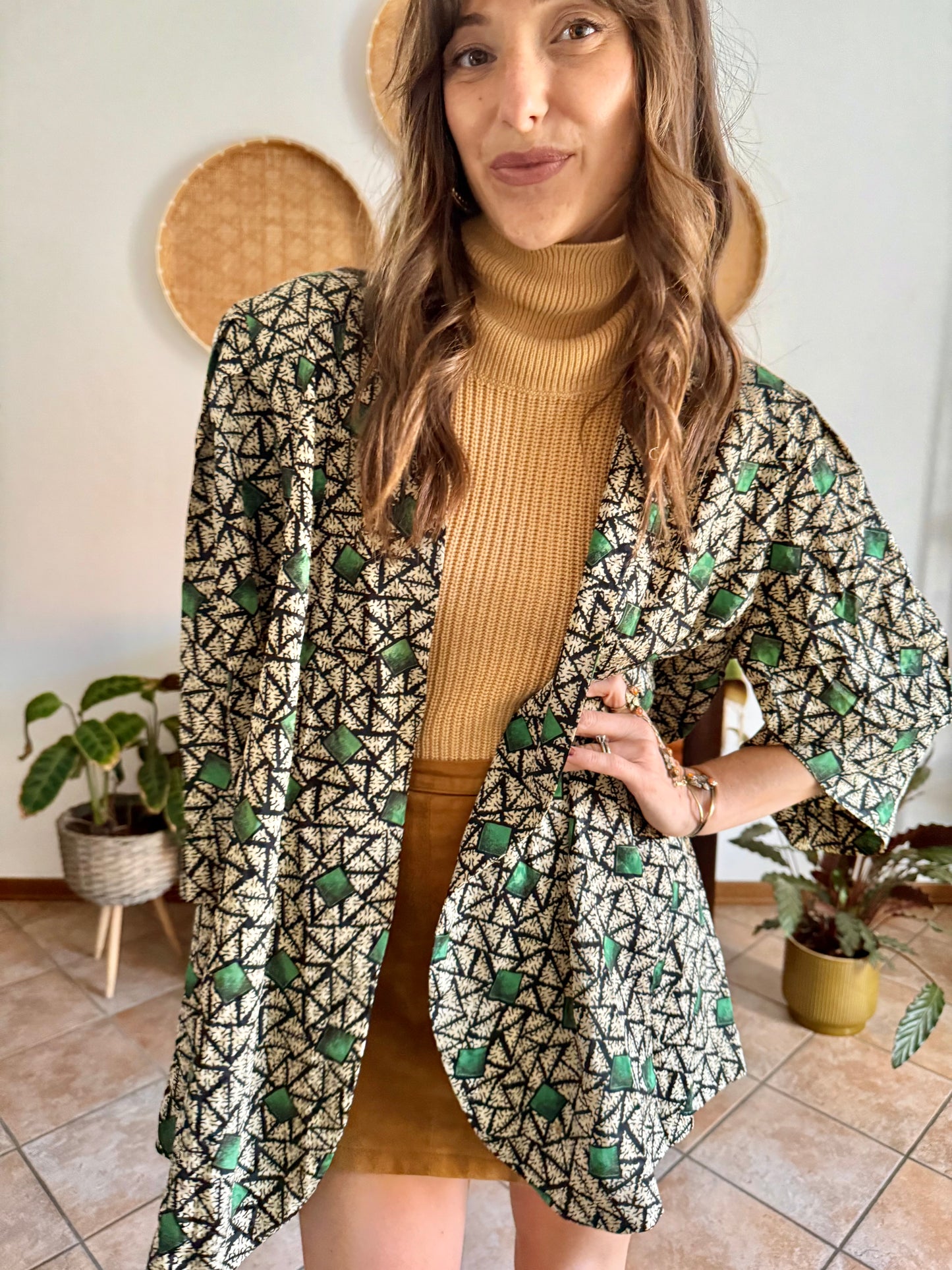 1970's vintage tan, black and green geometric print satin jacket