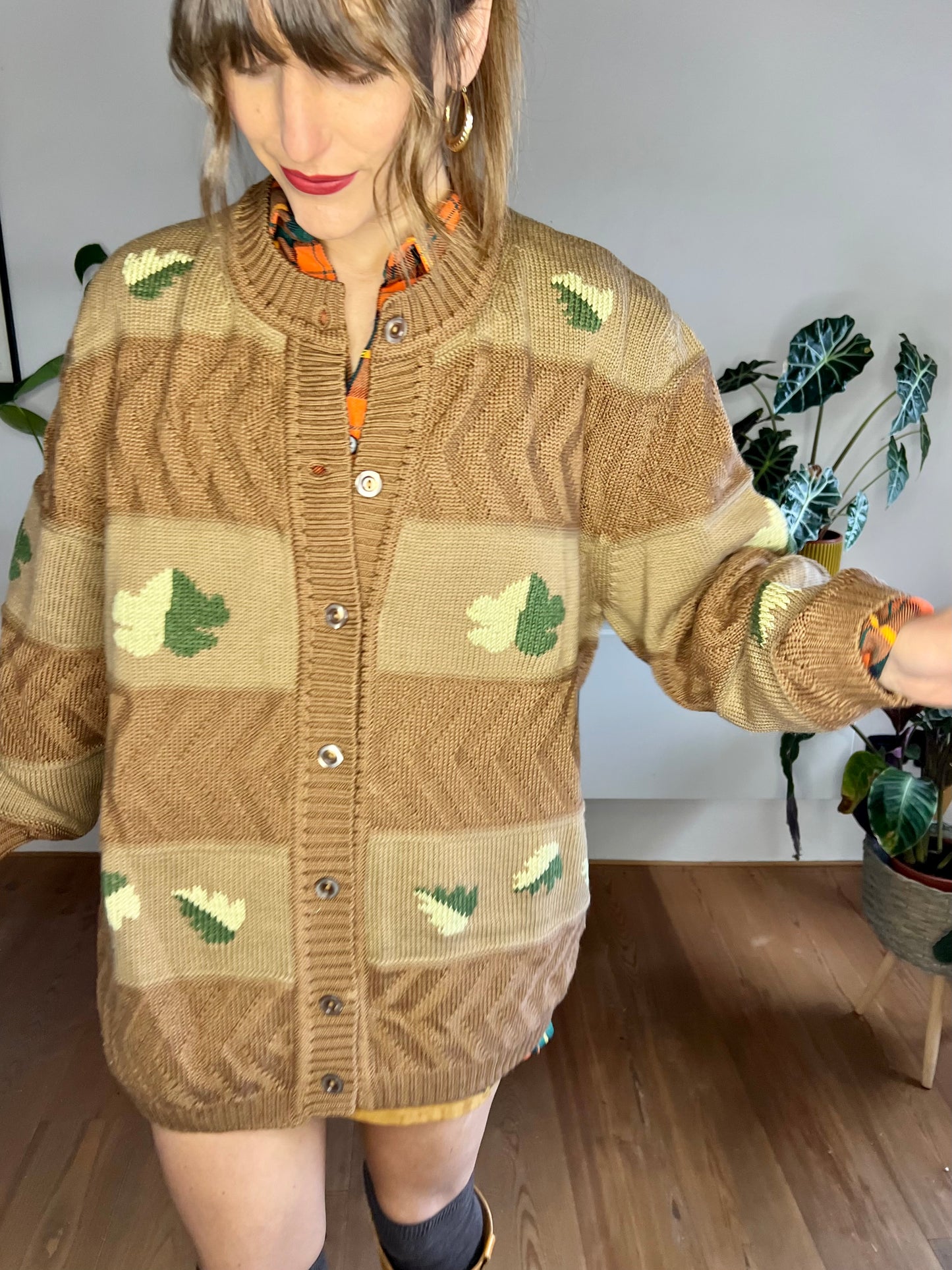 1970's vintage oversize tan trip knit cardigan with green leaf knit pattern