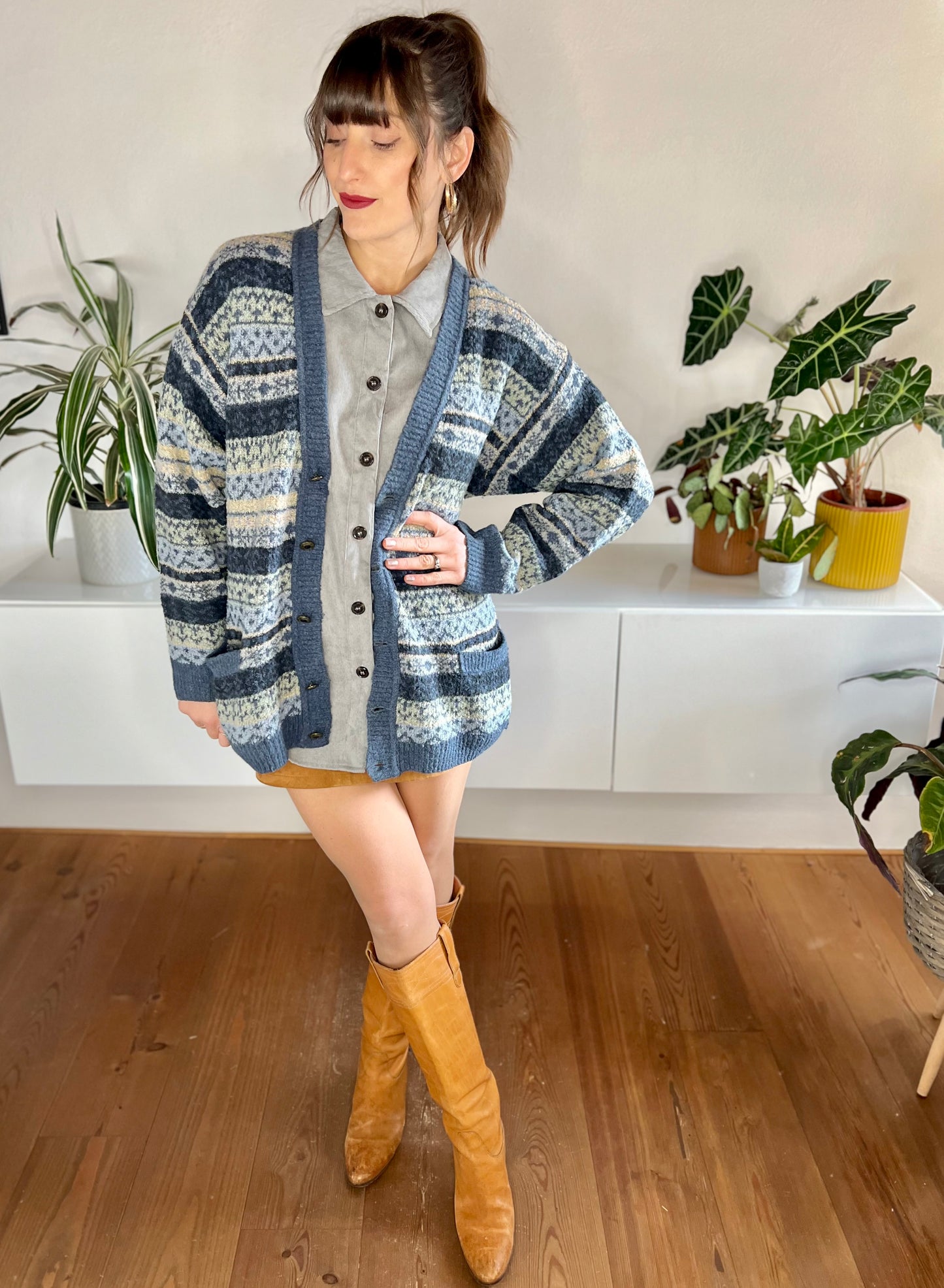 1970's vintage oversize blue and cream stripe cardigan